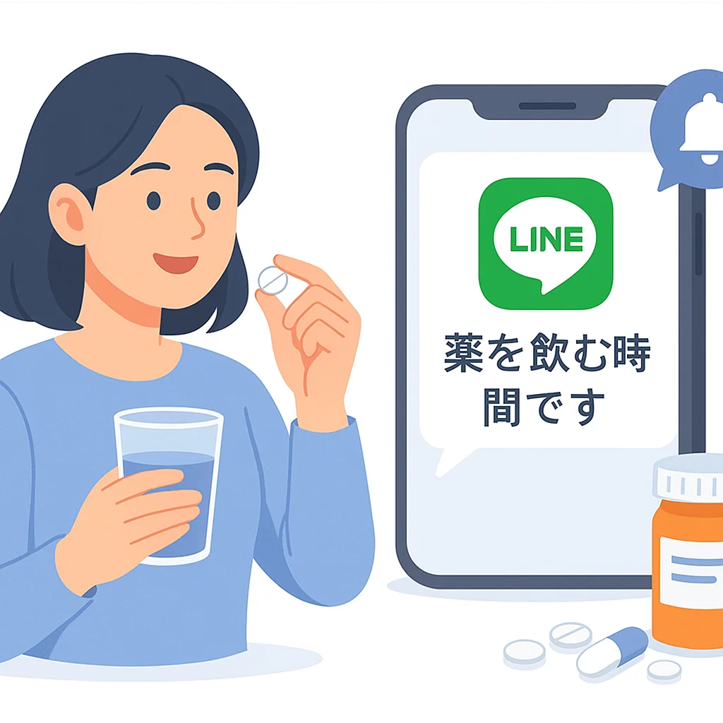 LINE公式を利用したお薬飲み忘れ防止通知機能のイメージ